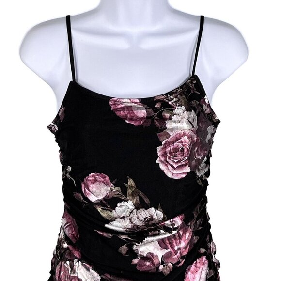 Black Foiled Pink Floral Ruched Mini Dress Bodycon Coquette Whimsigoth Womens S - Picture 7 of 16